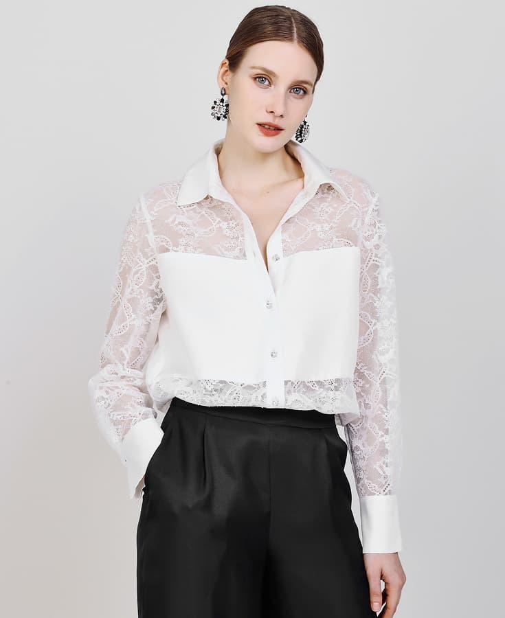 Silk-Twill-Shirt-Lace Body-Suit Shirt-616012-Classic-White