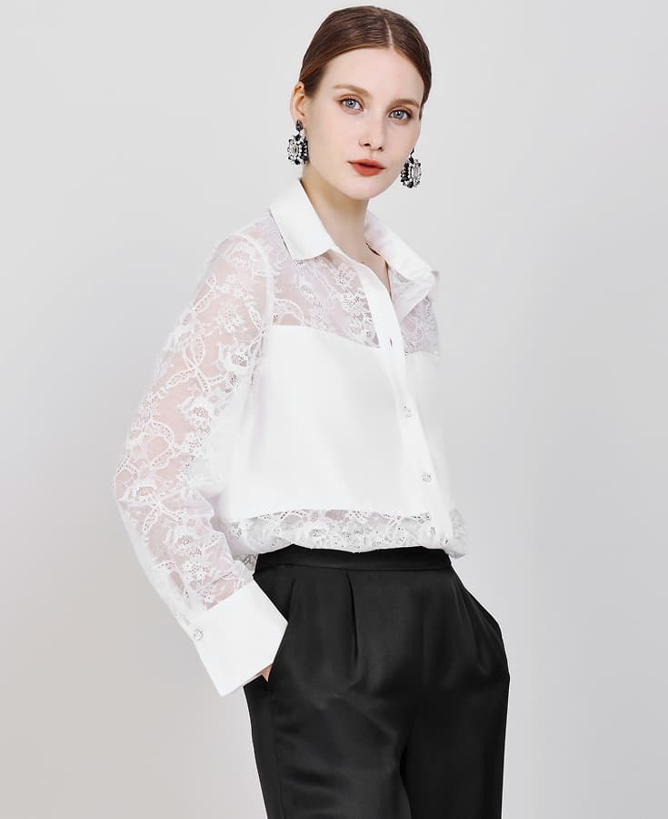 Silk-Twill-Shirt-Lace Body-Suit Shirt-616012-Classic-White